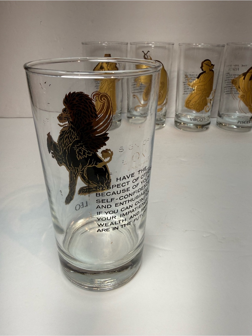 Vintage MCM Hocking 22K Gold Zodiac Highball Glass Tumblers Set of 5 - Picture 3 of 12